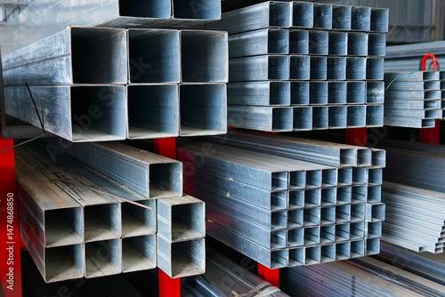 Industrial storage of building metal profiles. The warehouse is filled with a large number of new galvanized hollow square steel beams, each 6 meters long.