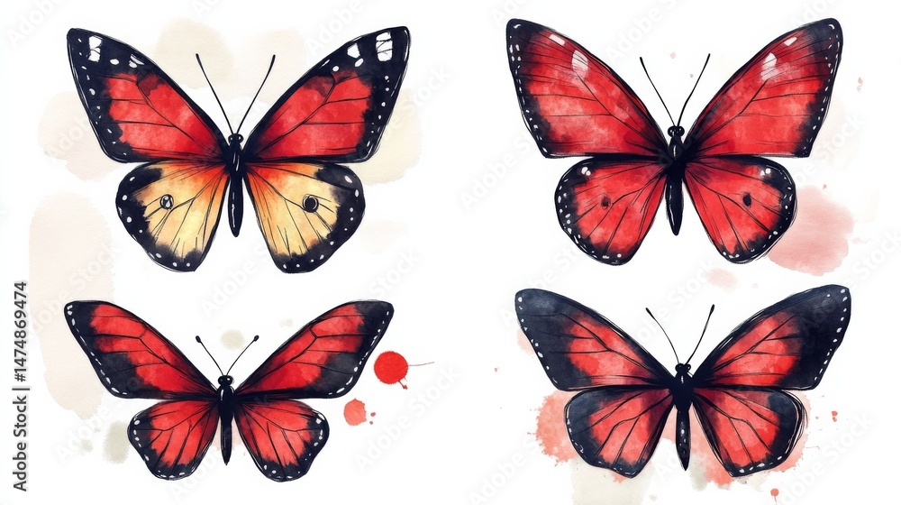 Fototapeta premium Beautiful red butterflies in artistic display.