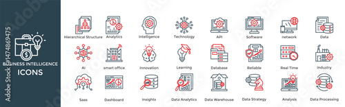 business intelligence icon set. with icon Hierarchical Structure, Analytics, intelligence, Technology, API