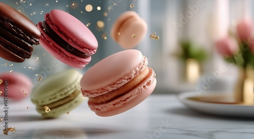 Colorful Macarons Floating Above a Plate With Golden Accents in a Modern Kitc...