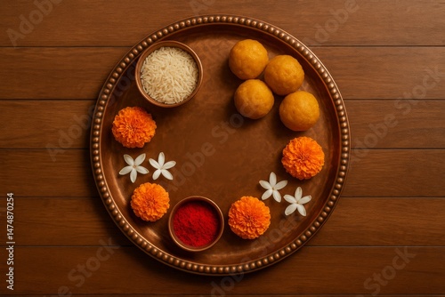 Copper pooja thali with sweets, flowers, and ritual items for Ganga Dussehra  
