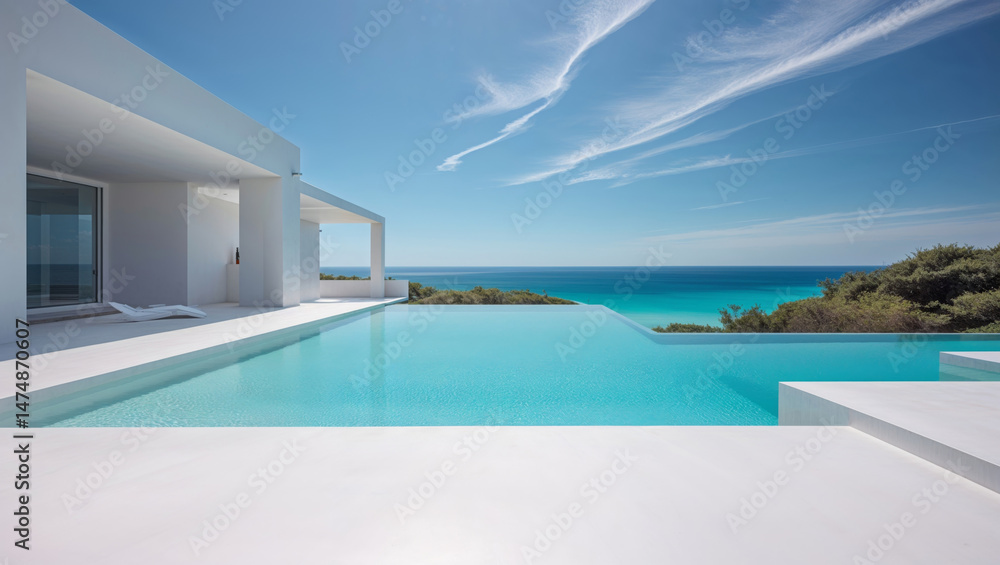 Fototapeta premium A modern, luxurious villa with an infinity pool facing the ocean under a vibrant blue sky.