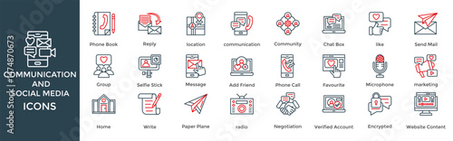 communication and social media icon set. with icon communication, Community, Chat Box, Social Media, like