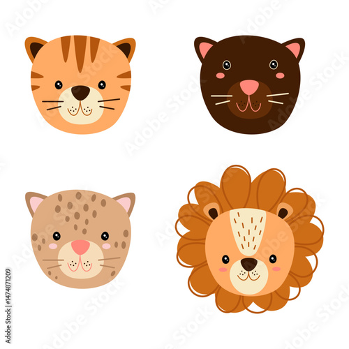 Set of African safari animals. Heads of predators tiger, lion, cheetah, panther. Vector illustration on white background.