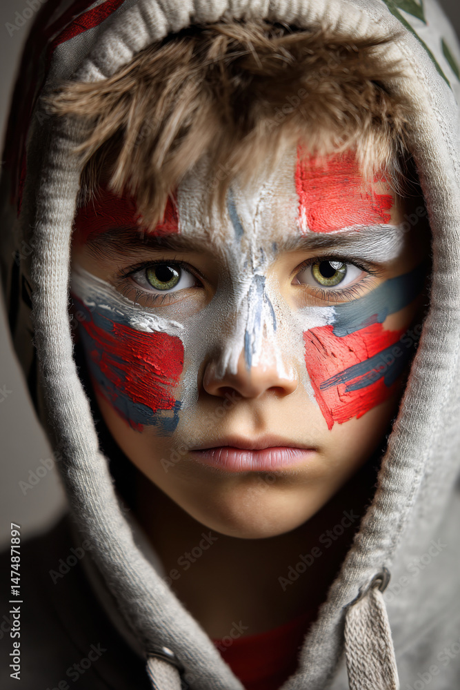 Young boy with face paint displaying determination in a hoodie against a neutral background Young boy with face paint displaying determination in a hoodie against a neutral background
