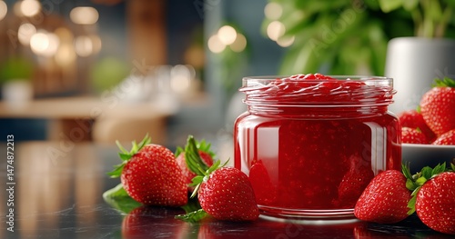 Fresh Strawberries and Jam in a Natural Setting With Green Foliage