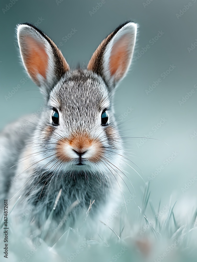 Fototapeta premium A Small Rabbit Eating Fresh Grass in the Bright Morning