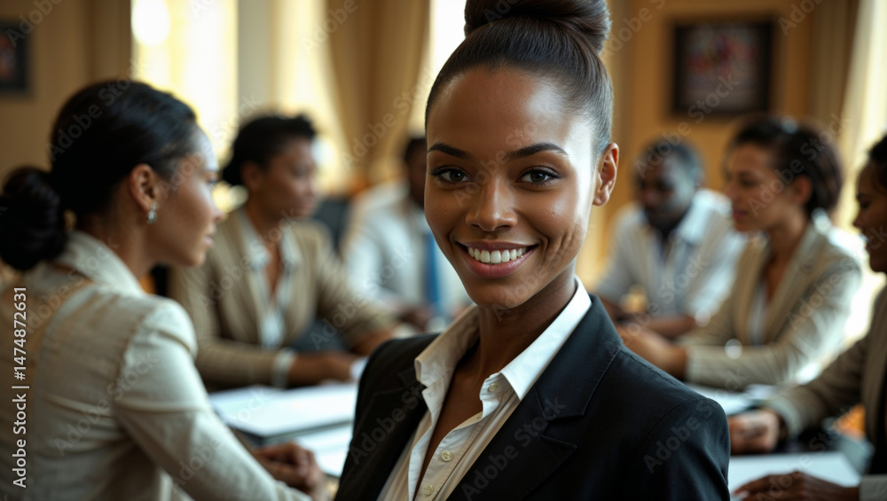 Attractive African-American businesswoman smiles during a collaborative meeting with her team. Attractive African-American businesswoman smiles during a collaborative meeting with her team.