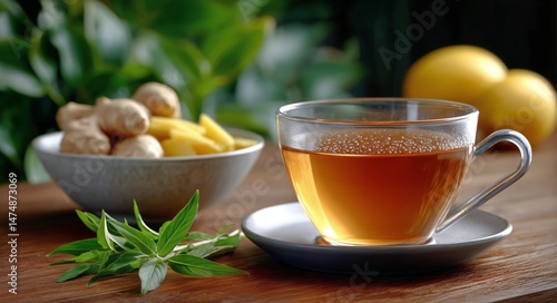 Refreshing Ginger Tea With Lemon and Fresh Ingredients on Wooden Table