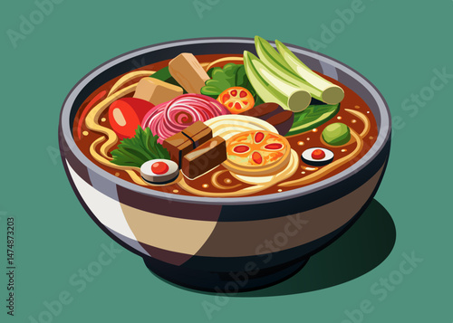 Delicious Asian Noodle Soup with Various Vegetables and Meat