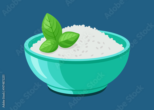 A Bowl of Cooked Rice with Fresh Basil Leaves