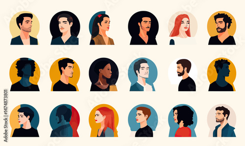 Diverse male and female minimalist flat vector avatar profiles with various skin tones hairstyles facial expressions and side and front views on colorful backgrounds