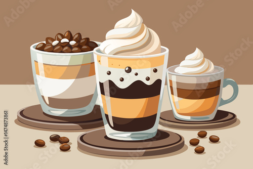 Three Delicious Layered Coffee Drinks with Whipped Cream