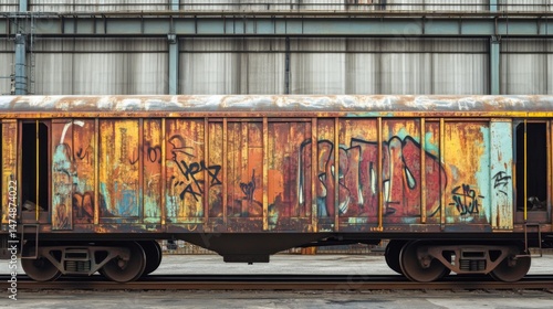 Vintage train car covered in colorful graffiti art.