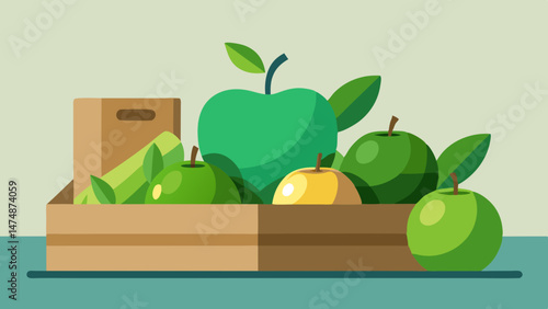 Wooden Crate of Fresh Green Apples and Zucchini