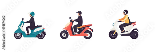 Three people riding different colored electric scooters and e-bikes with helmets in flat minimalist style on white background