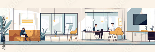 Modern coworking space interior with creative professionals working on laptops and tablets in stylish office environment with seating and plants