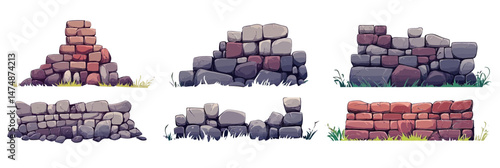 Set of six cartoon stone wall ruins with broken ancient rock bricks and old mossy boulders in flat minimalist vector style for castle and fence elements design