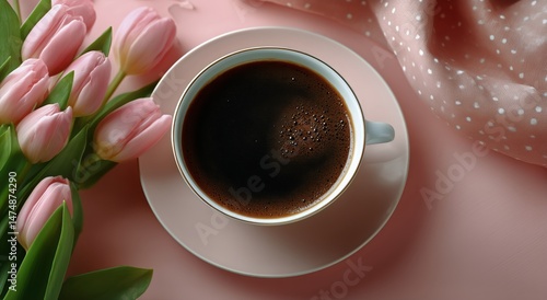 Enjoying Coffee With Fresh Tulips on a Soft Fabric Background in a Cozy Setting