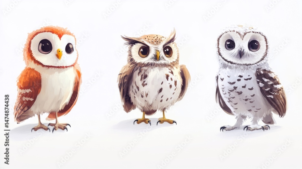 Fototapeta premium Three adorable cartoon owls with distinct colors.