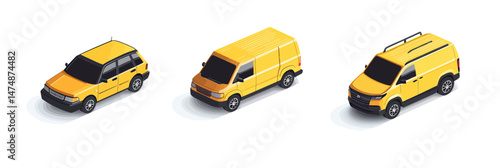 Isometric yellow commercial vehicles set with compact car taxi SUV van and cargo delivery minivan with roof rack on white background
