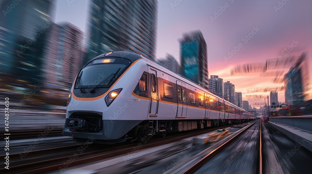 High-speed passenger train speeding through urban landscape at twilight. Modern transportation on the move. High-speed passenger train speeding through urban landscape at twilight. Modern transportation on the move.
