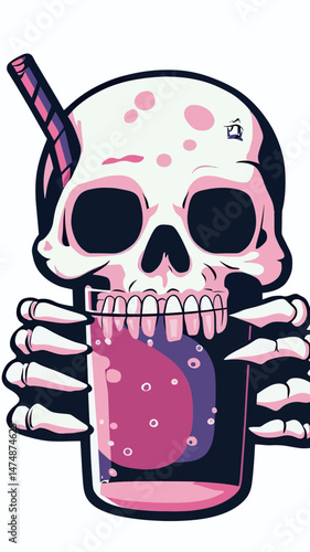 Flat minimalist vector illustration of a detailed skull with pink highlights gripping a transparent drink glass filled with a fizzy purple beverage and a striped straw inside the skull eye socket