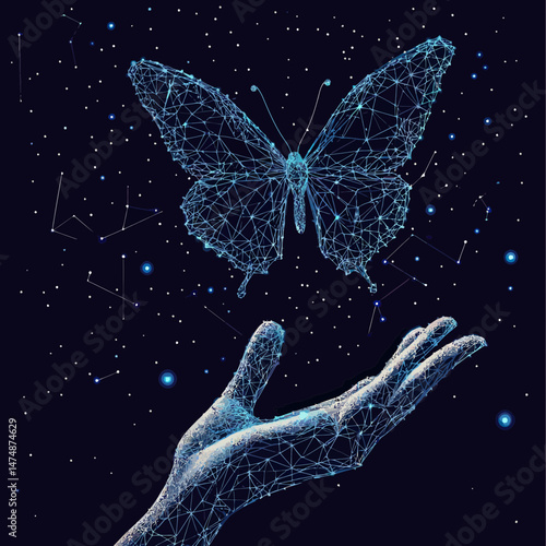 Low poly wireframe butterfly flying above open human hand with starry night sky and constellation polygonal design in digital space illustration