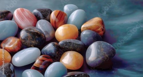 Colorful Polished Stones Displayed on a Table With a Bowl of Similar Stones i...