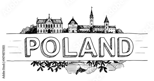 poland architecture landscape with text hand drawn vector