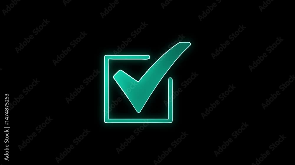 Neon tick mark icon glowing neon green color animation black background Neon tick mark icon glowing neon green color animation black background