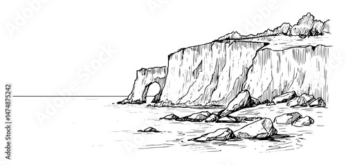 sea cliff coastline hand drawn vector illustration