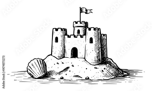 sandcastle on beach hand drawn vector illustration