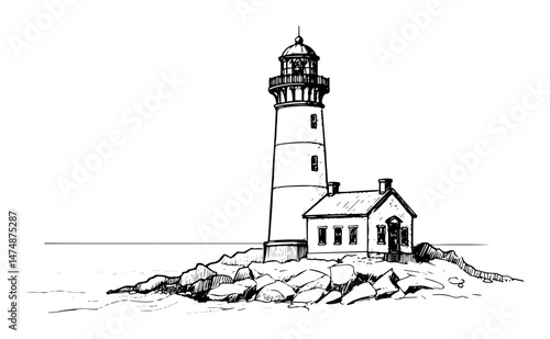 rocky coast lighthouse hand drawn vector sketch