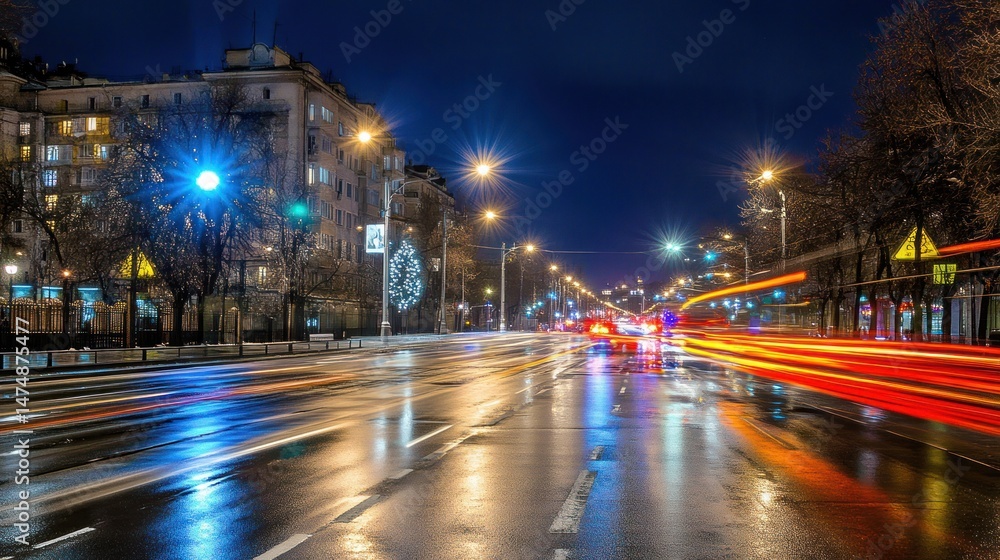 Night Cityscape: Long Exposure of Traffic Lights on a Wet Street Night Cityscape: Long Exposure of Traffic Lights on a Wet Street
