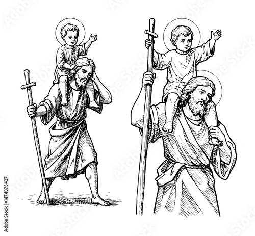 saint christopher carrying child jesus hand drawn illustration
