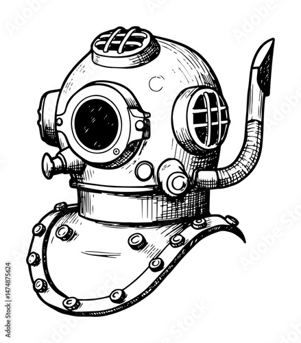 antique diving helmet hand drawn vector illustration