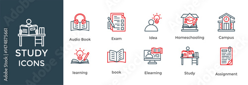 study icon set. with icon Exam, Idea, Homeschooling, Campus, book