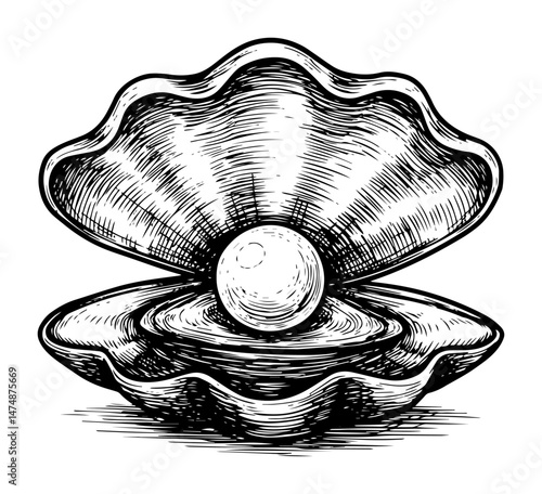 pearl in oyster shell hand drawn vector sketch