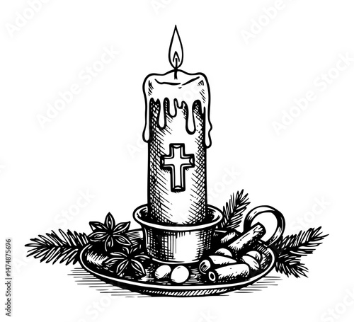 easter candle with cross hand drawn vector sketch