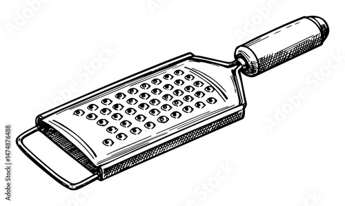 metal kitchen grater with ergonomic handle hand drawn in classic sketch style