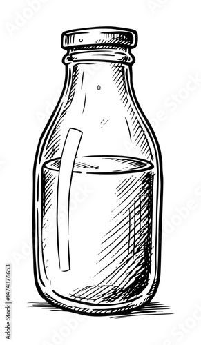 glass milk bottle with vintage style cap hand drawn in detailed vector sketch