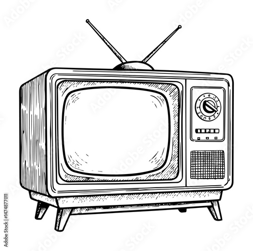 vintage cathode ray tube television with antenna hand drawn in engraved retro style