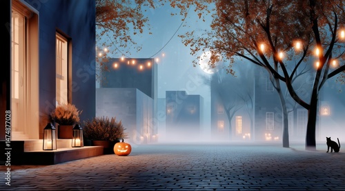 Mysterious Autumn Night With Lanterns, Fog, and Halloween Decorations in a Qu...