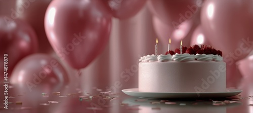 Celebration Cake With Candles and Pink Balloons at a Festive Event