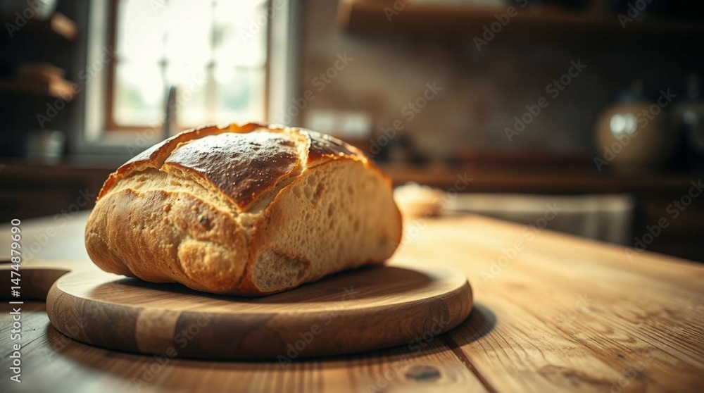 Freshly baked bread loaf placed on a wooden board, steam rising, rustic kitchen background, natural lighting, golden crust, artisanal style, no people. Freshly baked bread loaf placed on a wooden board, steam rising, rustic kitchen background, natural lighting, golden crust, artisanal style, no people.