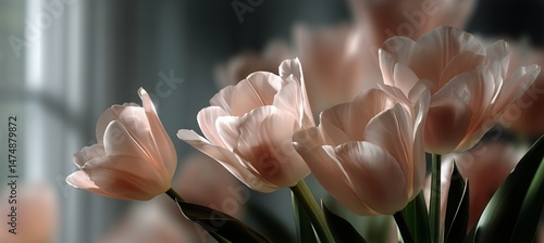 Soft Pink Tulips in a Serene Indoor Setting Near a Window During Morning Light