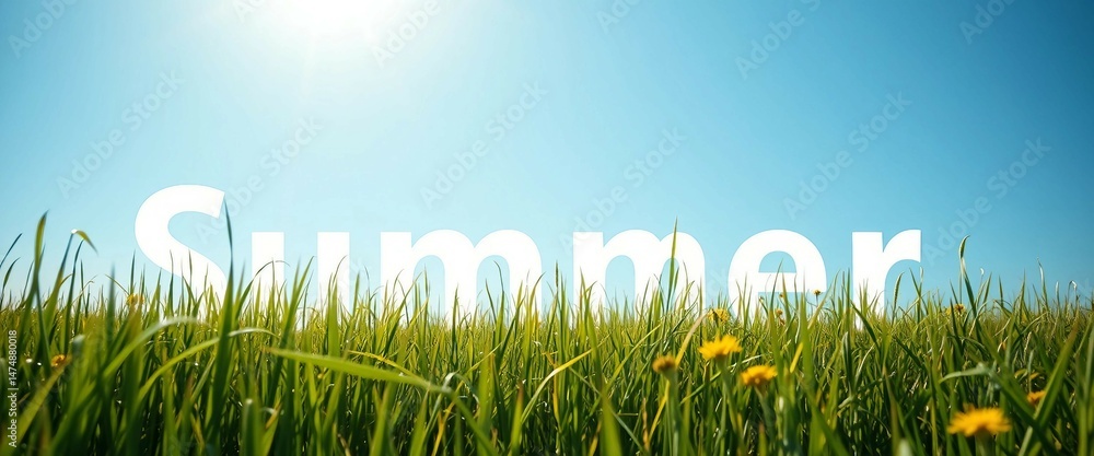 Obraz premium Fröhliche Sommer-Illustration mit dem Wort „Summer“ aus Grasstrukturen im Kornfeld unter blauem Himmel. Positiv, naturverbunden, einladend.