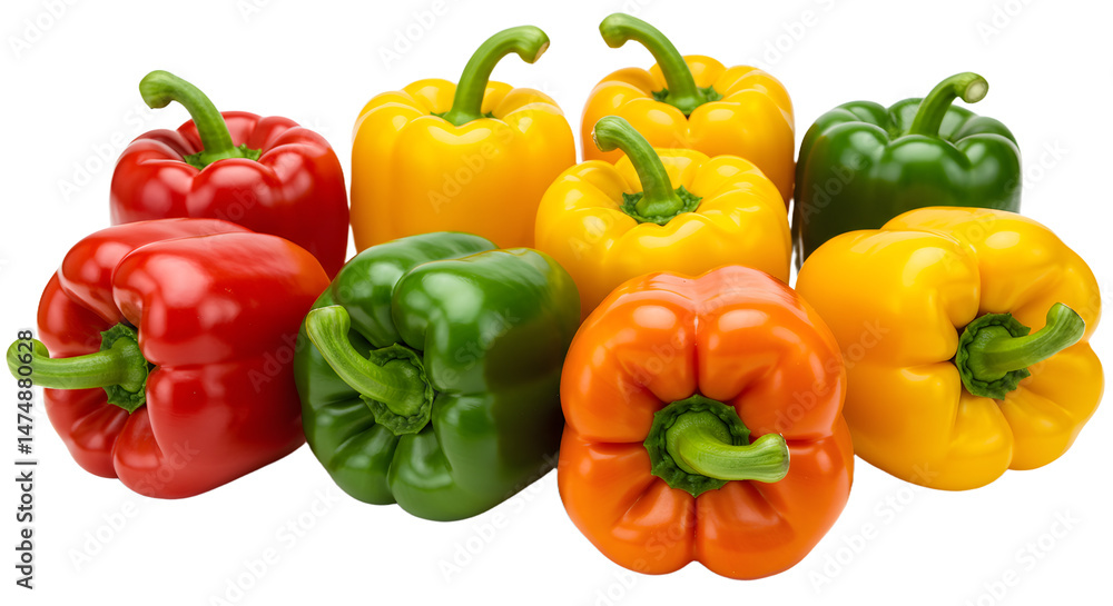A vibrant assortment of bell peppers in various colors arranged artistically, showcasing freshness and culinary potential A vibrant assortment of bell peppers in various colors arranged artistically, showcasing freshness and culinary potential