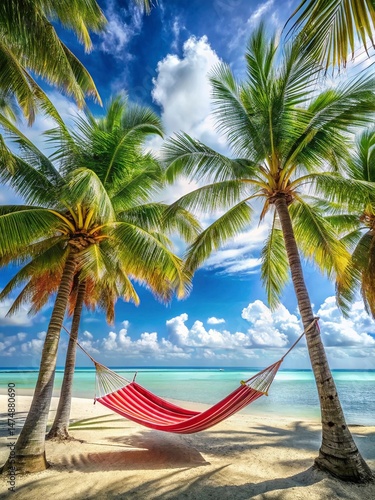 Hammock on a tropical beach with palm trees and blue sky